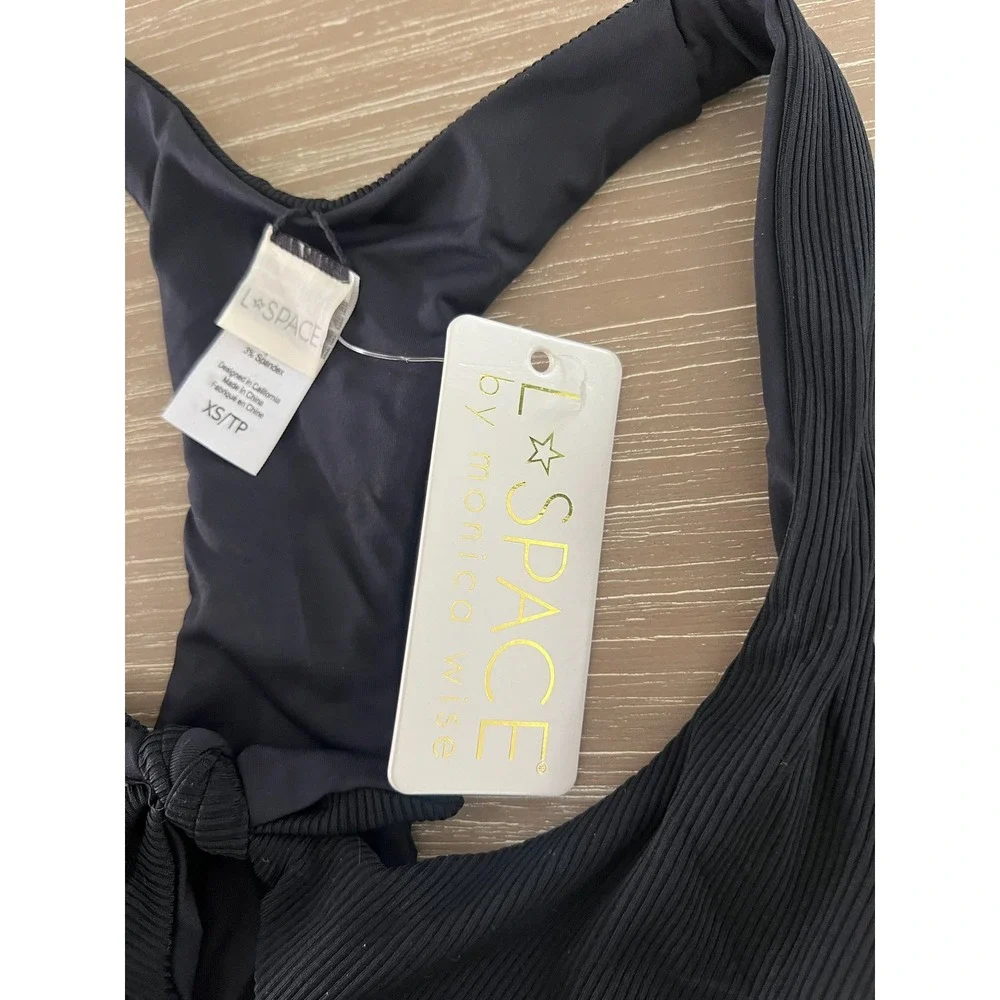 L*Space Tara Ribbed Bikini Top Black XS/TP Tie Front Racerback‎ Swimsuit